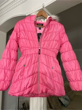 bebe Hot Pink Girls' Puffer Coat with Faux Fur Trim , size L(14-16)